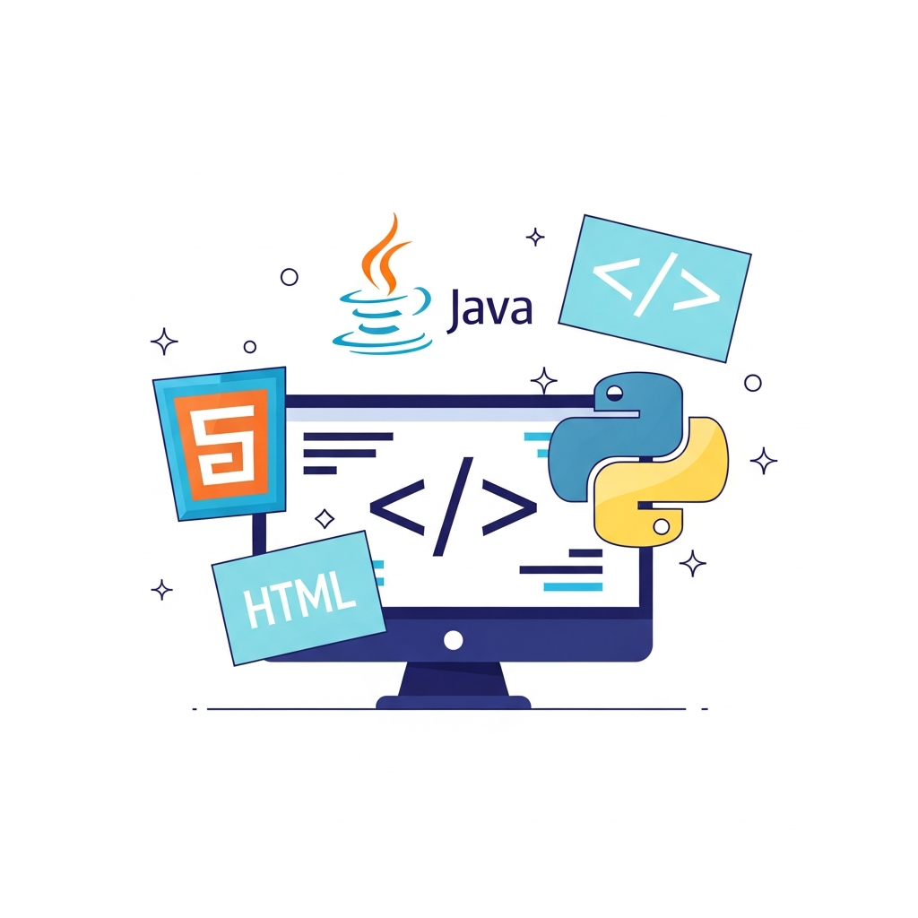 Java, HTML, Python, and Web Development curriculum illustration for Mr. H Codes
